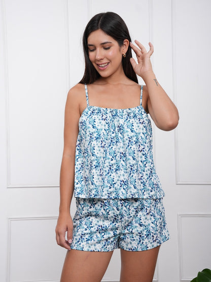 Pijama Set Aquabloom de Algodón Pima – Bividí y Short con Estampado Flores Azules