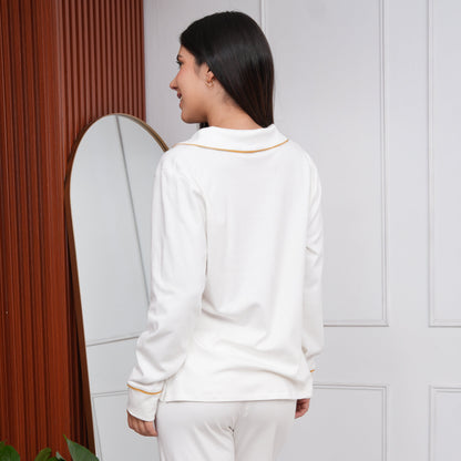 Pijama Set Ofelia de Algodón Pima – Chaqueta y Pantalón Manga Larga Color Perla