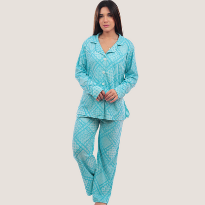 Pijama Set Brisa de Algodón Pima – Chaqueta y Pantalón Manga Larga Estampado