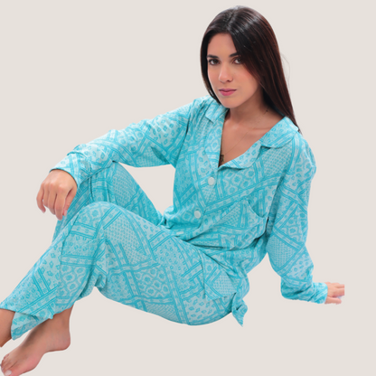 Pijama Set Brisa de Algodón Pima – Chaqueta y Pantalón Manga Larga Estampado