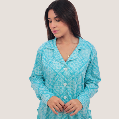 Pijama Set Brisa de Algodón Pima – Chaqueta y Pantalón Manga Larga Estampado