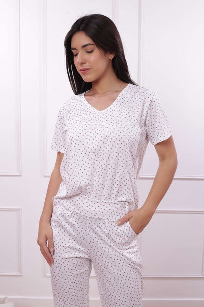 Pijama Set Lirio de Algodón Pima – Manga Corta & Pantalón Blanco
