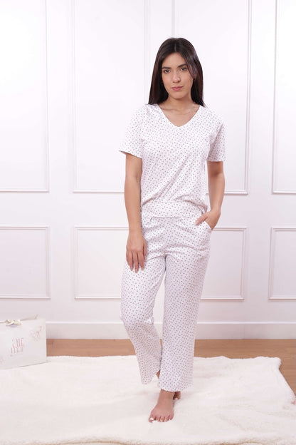 Pijama Set Lirio de Algodón Pima – Manga Corta & Pantalón Blanco